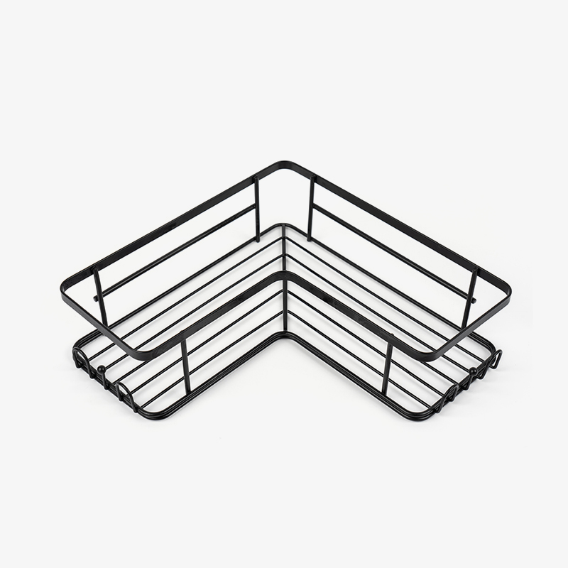 Czarny narożny koszyk prysznicowy montowany na ścianie ze stali nierdzewnej